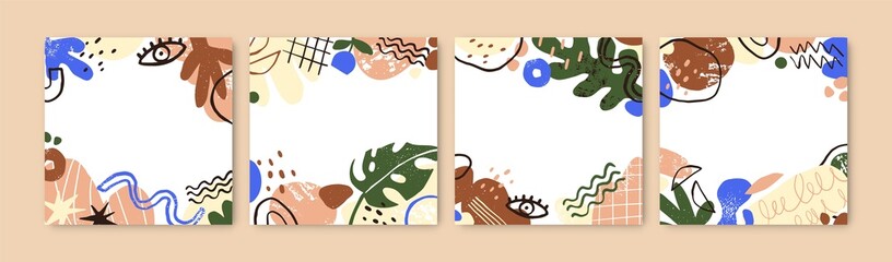 Square card backgrounds with abstract doodle elements, trendy organic shapes, lines, leaf. Modern design of social media posts set. Minimal backdrops with scribbles. Isolated flat vector illustrations