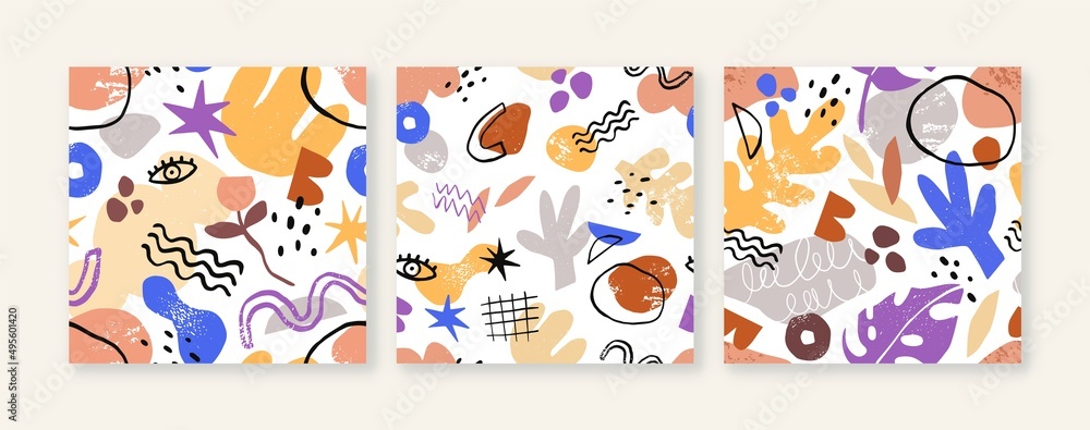 Aufkleber Abstract shapes patterns set. Seamless doodle textures with repeating creative print. Organic geometric background designs in modern trendy style. Isolated flat vector illustrations for textile, paper