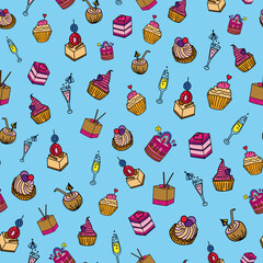 Vector Blue Party Foods and Drinks background pattern