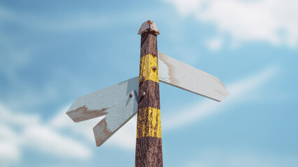 Empty signpost is made of old and dirty wood on sky background. 3D Render.