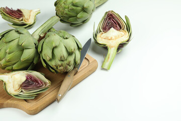 Obraz premium Concept of healthy food with artichoke, space for text