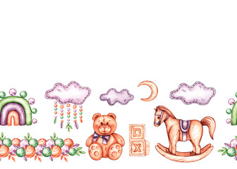 Watercolor border for children with a bear, rainbow, horse