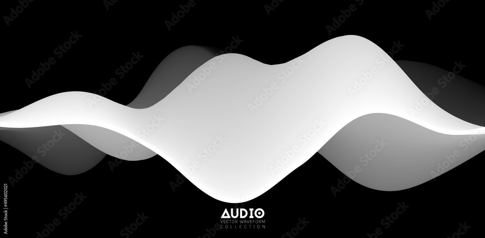 Poster sound wave visualiztion. 3d black and white solid waveform. voice sample pattern.