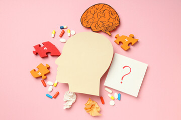 Concept of problems with memory, amnesia disease on pink background