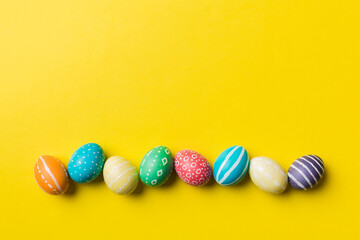 holiday preparation Multi colors Easter eggs on colored background . Pastel color Easter eggs. holiday concept with copy space