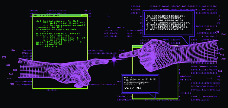 Two 3D low-poly hands touching each other.