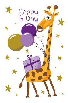 Happy Birthday - funny giraffe with birthday present and balloons. Good for greeting card, party invitation card, label, and other gifts design.