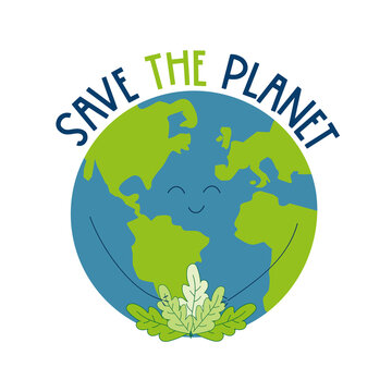 Save the Planet -  cute smiley Planet Earth with leaves. Good for greeting card, poster, banner, label, and other gifts design.