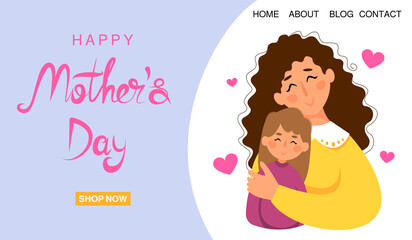 Happy Mother's Day vector banner. Mother hugging child daughter.
