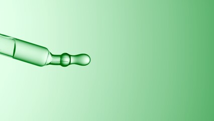 Macro shot of chemical dropper with clear drop dripping from it on green background | Abstract skin...