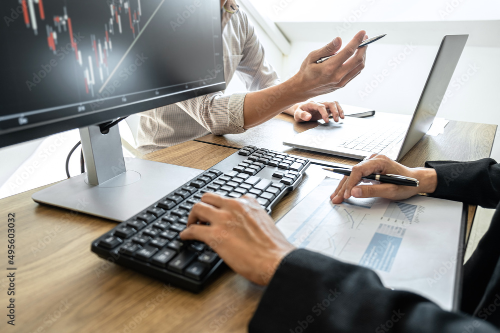 Poster business team investment working with computer, planning and analyzing graph stock market trading wi