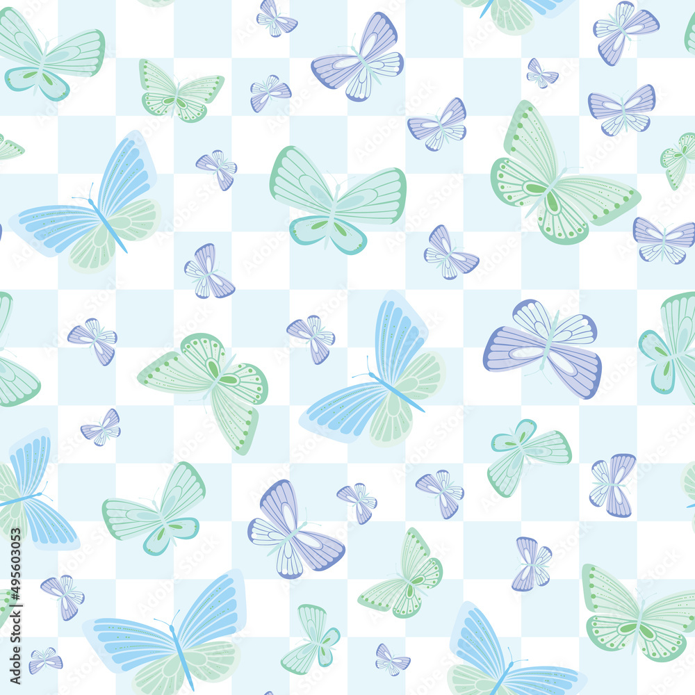 Poster Blue butterfly seamless repeat pattern vector background