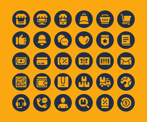 Simple set of 30 Ecommerce icons in circular glyph style