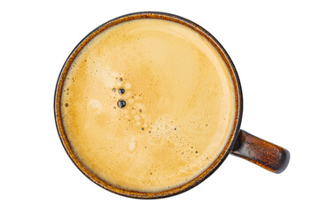 espresso coffee in a ceramic cup on a white background top view