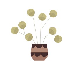 Pilea, potted home plant with round leaf. House foliage decor growing in interior planter. Green houseplant with circle leaves. Room decoration. Flat vector illustration isolated on white background