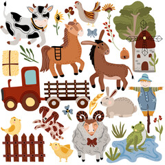 Big set of farm with animals. Pets, dog, sheep, donkey, cow, chicken, farm truck with wheelbarrow, scarecrow, windmill, flowers and more. Cute farm animals for your design. Boho style animals. Vector.