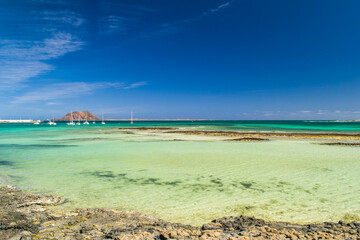 The view from the Playa Vista Lobos (white sand beach) in Corralejo, Fuerteventura, 