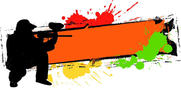 Paintball player silhouette with banner and splashs