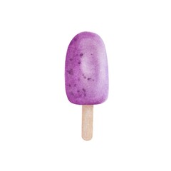 Watercolor isolated illustration of blueberry ice cream on a stick. Appetizing purple ice cream on a white background for your design. Digital watercolor.