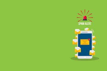 Spam. Spamming concept, a lot of emails on the screen of a smart phone. Email box hacking, spam warning. Vector illustration.	