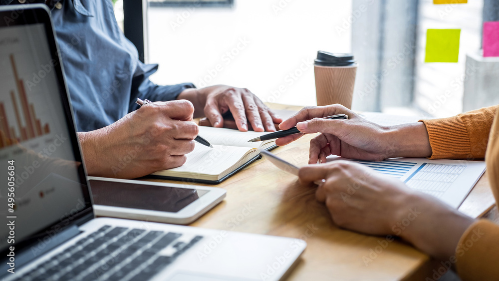 Leinwandbilder Business team collaboration discussing working analyzing with financial data and marketing growth report graph in team, presentation and brainstorming to strategy planning making profit of company