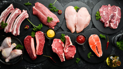 Big banner. Mix of steaks: salmon, beef, pork and chicken. Top view. Supermarket menu.
