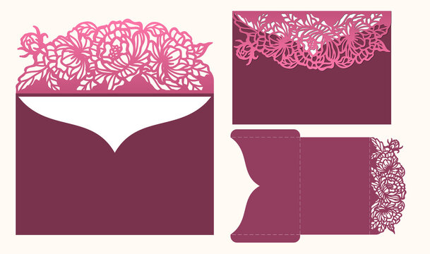Wedding invitation pocket envelope with pattern of Peony flowers, Laser cut template, vector.