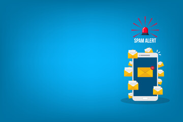 Spam, spamming concept, a lot of emails on the screen of a smart phone. Email box hacking, spam warning.	 - obrazy, fototapety, plakaty