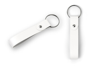 Blank plain white leather keychain with sliver key ring on isolated background.3d rendering.