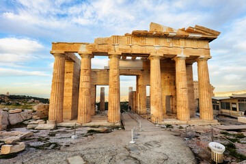 Temple of Athena Nike Propylaea Ancient Entrance Gateway Ruins Acropolis Athens - Greece, nobody - obrazy, fototapety, plakaty