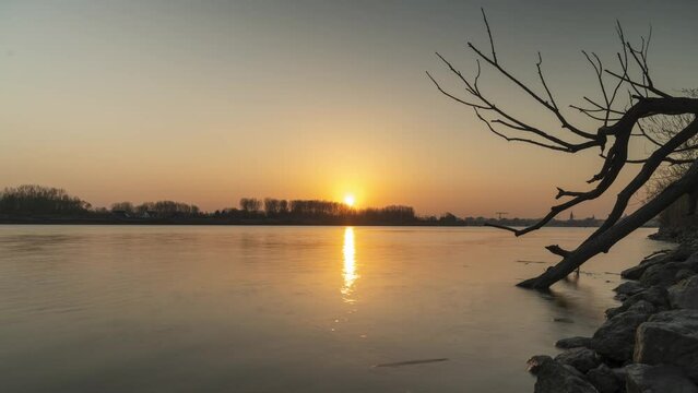 Rising water level of river Scheldt during golden sunset, time lapse view
