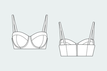 Lingerie bra female vector template isolated on a grey background. Front and back view. Outline fashion technical sketch of clothes model. - obrazy, fototapety, plakaty