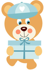 Cute baby boy teddy bear holding a gift box