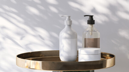 Beautiful 3D render close up a set of beauty products in high quality white and clear plastic pump bottle container and jar on a luxury golden tray stand with sunlight and leaves shadow on the wall.