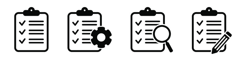 Clipboard icon. Checklist with gear, checkmarks, magnifier and pencil. Vector illustration. © Maksim
