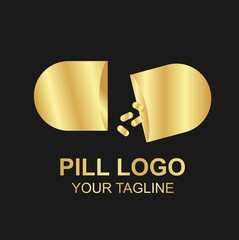 Luxury golden pill logo vector on black background, perfect for branding