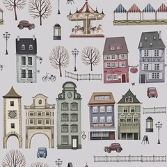 Seamless pattern. Urban landscape in retro style. Facades of houses. A Park with a carousel, stalls and trees. Grey background. Stock illustration.