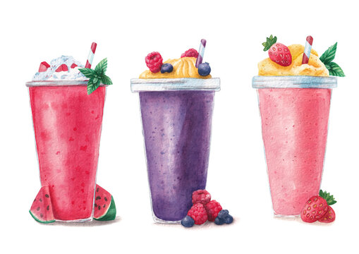 Set of summer refreshing shakes and smoothies isolated on white background, hand drawn illustration
