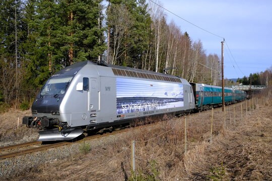 VY Train From Oslo To Bergen Near Honefoss, Norway