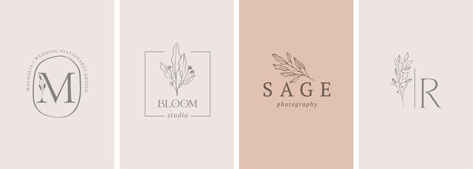 Elegant, botanique logo collection, hand drawn illustrations of flowers, leaves and twig, delicate and minimal monogram design