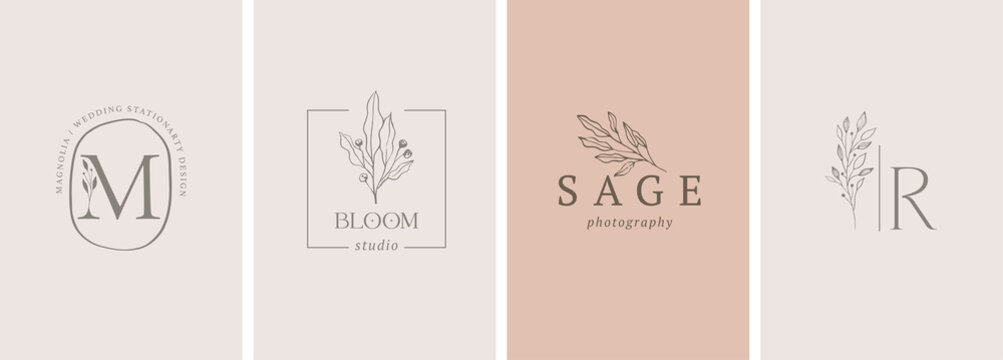 Elegant, botanique logo collection, hand drawn illustrations of flowers, leaves and twig, delicate and minimal monogram design