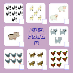 How many counting game with pets . Preschool worksheet, kids activity sheet, printable worksheet
