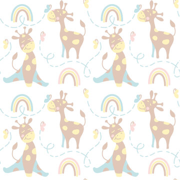 Cute giraffe and rainbow. Seamless pattern for kid products. 