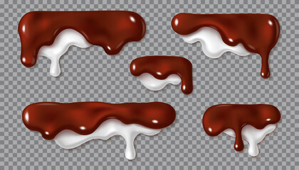 Melted chocolate and cream drip isolated on white background. Realistic vector 3d illustration of brown cream sauce with milk or syrup drop. Set of horizontal border elements.
