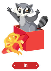Prepostion wordcard design with raccoon in box