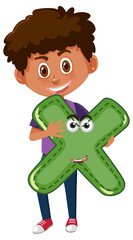 A boy holding alphabet letter on white background