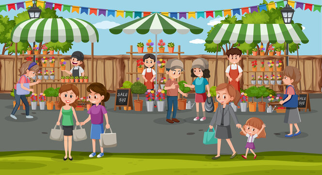 Flea market scene in cartoon style