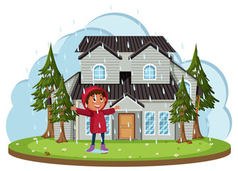 Happy boy playing raining in front of house cartoon