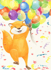 Fototapeta premium Watercolor illustration of a fox with colorful balloons in his hands