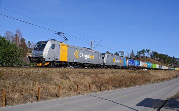 Cargonet freight train passing through Honefoss, Buskerud, Norway